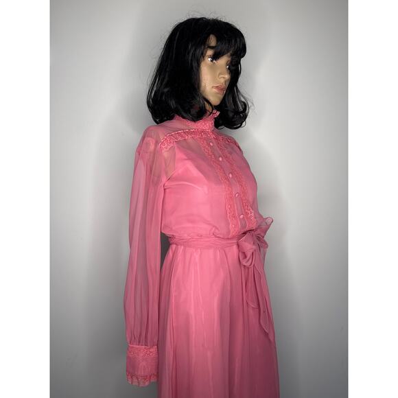 1970s Pink Chiffon Prairie Maxi High Neck Dress Lace Trim LGWD Canada XS - Picture 17 of 17
